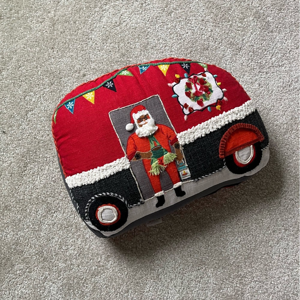 World Market Festive Hipster Santa with RV Decorative Pillow NWOT
